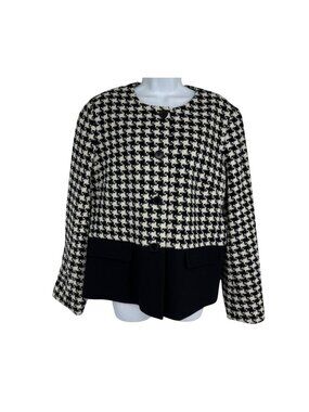 Talbots Womens Houndstooth Wool Blend Blazer Jacket Size 14 Black & White